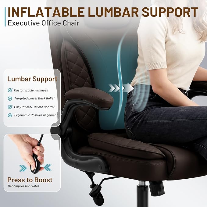 Ergonomic Office Chair, PU Leather High Back Executive Chair with Adjustable Inflatable Lumbar Support and Padded Flip-Up Arms, Recline Swivel Task Computer Chair for Home Office, Dark Brown - Image 5
