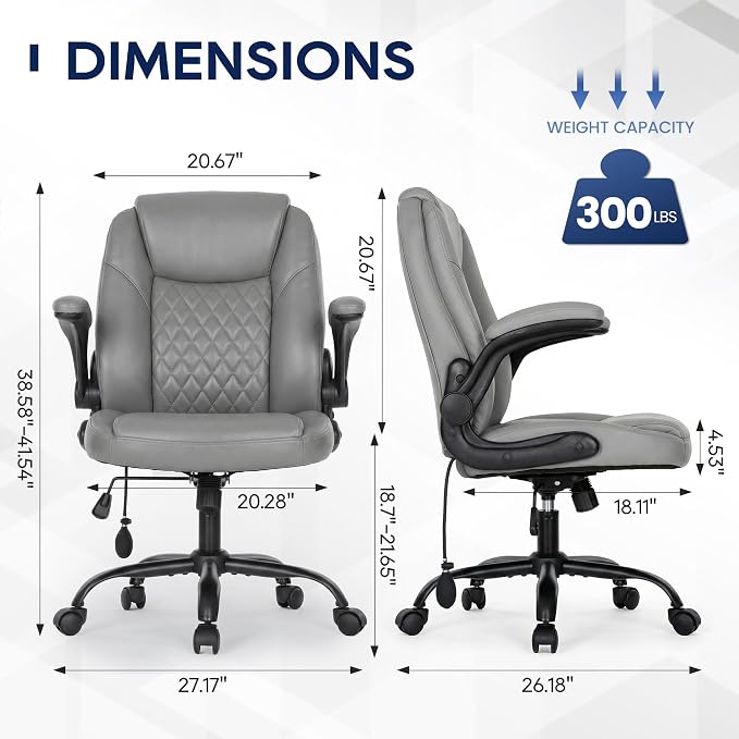 MALOL Leather Office Chair, Computer Desk Chair with Adjustable Lumbar Support, Thick Cushion, Flip-Up Arms and Ergonomic Back, Comfy Executive Office Chair for Home Office Gaming,Grey - Image 2