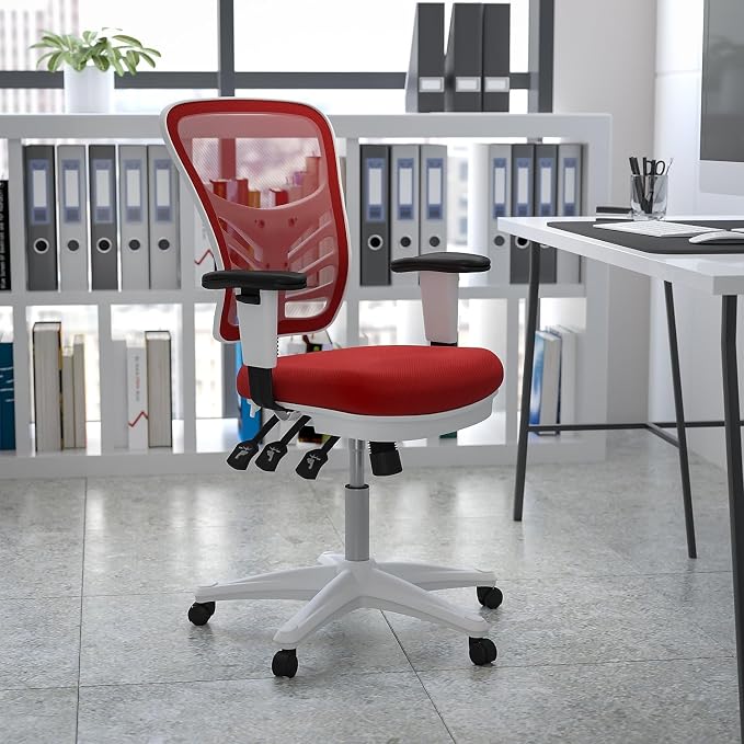 Flash Furniture Mid-Back Mesh Executive Office Chair, White/Red | Adjustable Armrests, 360° Swivel, Height Adjustable, Commercial Grade - Image 2