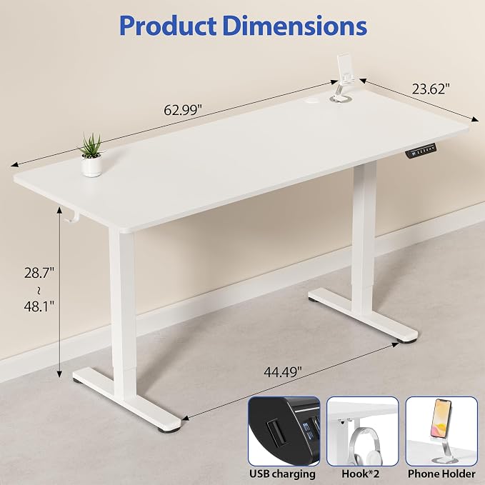 YESHOMY Height Adjustable Electric Standing Desk, 63 x 24 Inches Memory Home Office Sit Stand up Desk with Phone Holder and USB Charging Port, White - Image 3