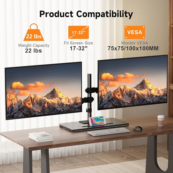 Pholiten Dual Monitor Stand with Wooden Base | Gas Spring Height Adjustable Arms, Each Holds 32 Inch Screen up to 22lbs, VESA Mount 75x75/100x100mm, Tilt/Swivel/Rotate - Image 3