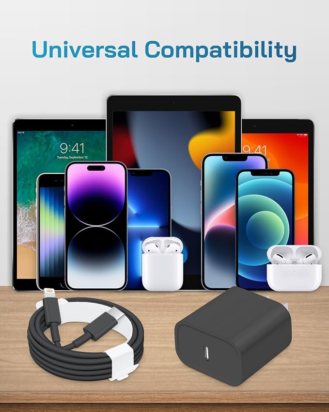 20W Fast Charger for iPhone 14/13/12 [3-Pack, MFi Certified] | USB-C PD power adapter with 10Ft cable, compatible with iPhone 14/13/12/11/Pro Max/Pro/Plus/Mini, iPad & more - Black - Image 7
