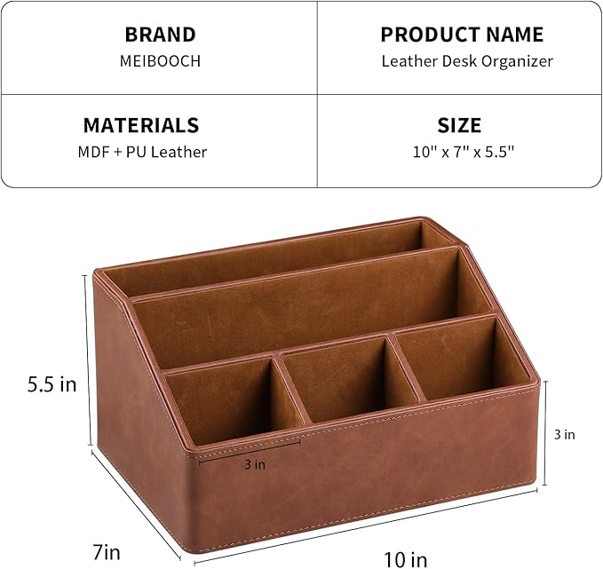 PU Leather Desk Organizer, Remote Control Holder, Brown | Luxury Nightstand Organizer for Home, Office Desk Accessories, Bedside Table Caddy with 5 Compartments, Velvet Lining - Image 4