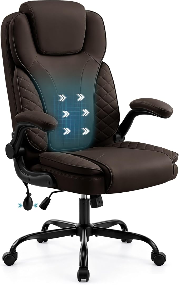 Ergonomic Office Chair, PU Leather High Back Executive Chair with Adjustable Inflatable Lumbar Support and Padded Flip-Up Arms, Recline Swivel Task Computer Chair for Home Office, Dark Brown by Hayelf