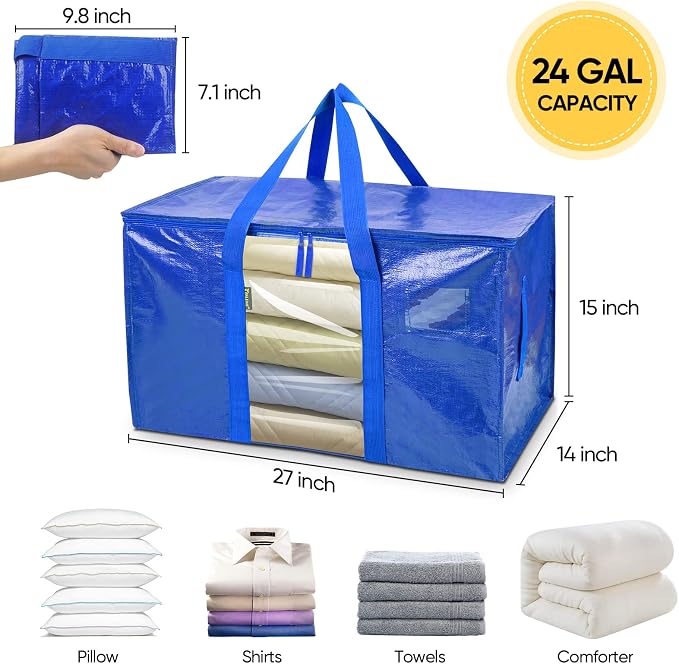 BALEINE 4-Pack Oversized Moving Bags with Reinforced Handles, Heavy-Duty Storage Tote Moving Supplies for Packaging, Camping (Blue w/Window, 4-Pack) - Image 2