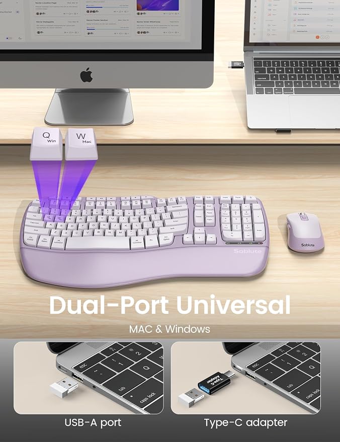 Purple Ergonomic Wireless Keyboard and Mouse Combo, Sablute 2.4G Full Size Ergo Wave Key Board with Cushioned Plam Rest, Natural Typing, 3 DPI Adjustable Silent Mouse for Computer/Laptop/Windows/Mac - Image 7