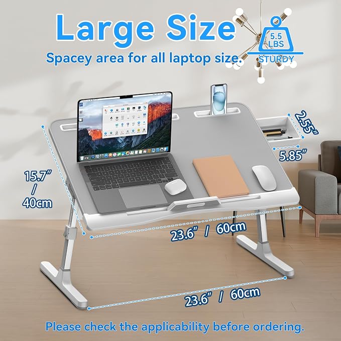 HETTHI Laptop Desk for Bed, Adjustable Bed Table with Leather Desktop, Foldable X-Large Laptop Bed Trays with Drawer for Bed Couch Floor Writing Working Reading Eating Painting (Gray, 23.6"×15.7") - Image 4