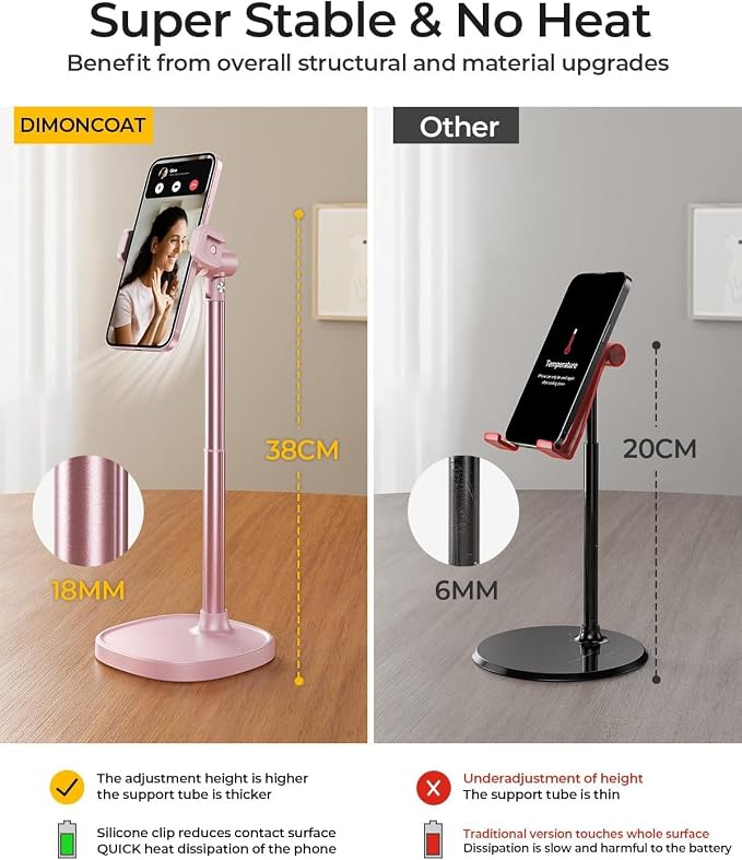 DIMONCOAT Cell Phone Stand for Desk, Stocking Stuffers Gifts for Teens Girls Boys Adults，Phone Holder Angle Height Adjustable, Aluminum Alloy Universal iPhone Stand for iPhone 17 16 15 Pro Max -Pink | Aluminum Alloy Universal iPhone Holder, Retractable... - Image 3