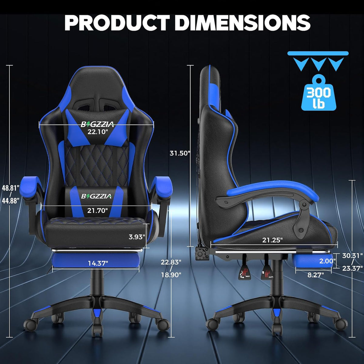Bigzzia Gaming Chair with Footrest, Comfortable Gamer Chairs Blue - Image 3