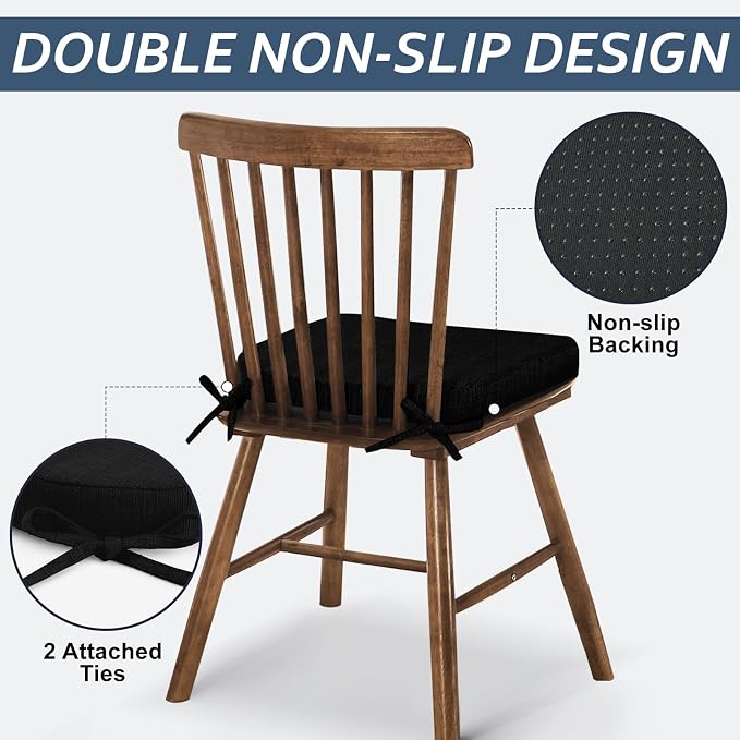 Basic Beyond Chair Cushions for Dining Chairs 6 Pack, Kitchen Chair Cushions with Ties and Non Slip Backing, 16 x 16 inches Chair Pads for Dining Chairs (Black) - Image 3