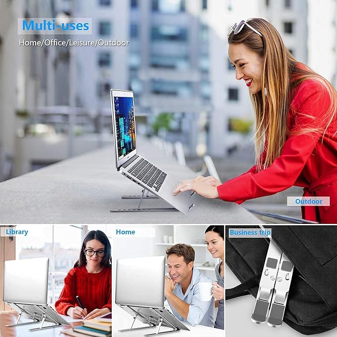 Leeboom Laptop Stand for Desk, Adjustable Foldable Aluminum Riser, Silver | Supports most 10-15.6 inch laptops and tablets with adjustable height and angle for improved comfort - Image 3