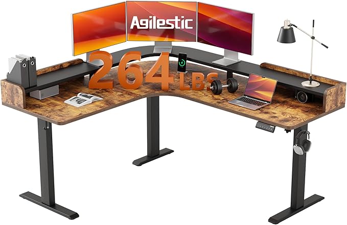 Agilestic L Shaped Standing Desk with Monitor Shelf, 63 Inch, Rustic Brown | Electric Height Adjustable, Dual Monitor Setup, Spacious Corner Desktop, Sturdy Steel Frame, Memory Presets, 264 lbs by Agilestic