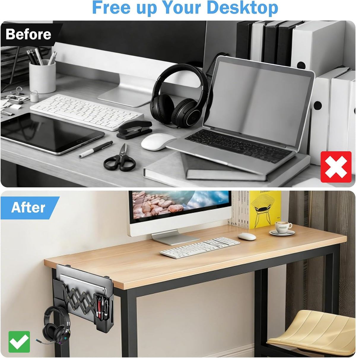 Desk Side Storage，Under Desk Clamp-on Vertical Laptop Holder,7-17 Inch Length Adjustable with Pen & Headphone Holder,No Drill Storage Shelf for Desk，Fits Table Edge 0.4" to 2.3"(Black) - Image 6