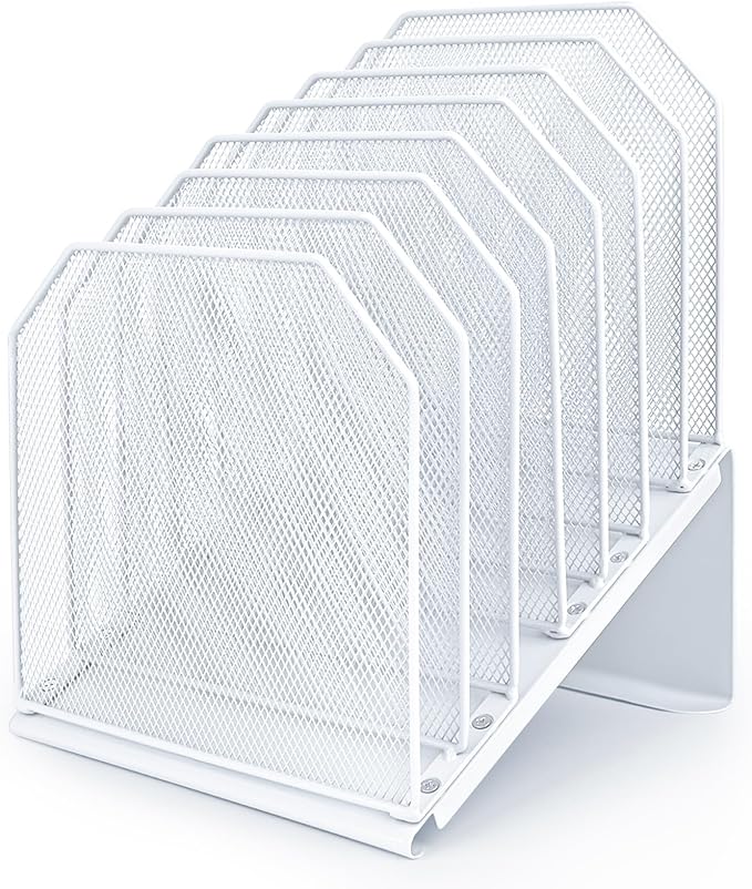 SUMMORO Inclined File Organizer for Desk, 7-Section Vertical File Holder | Office Desk Organizer Metal Rack File Folder, Wire Mesh Desktop Document Sorter, for Office School Classroom Home (White) by SUMMORO