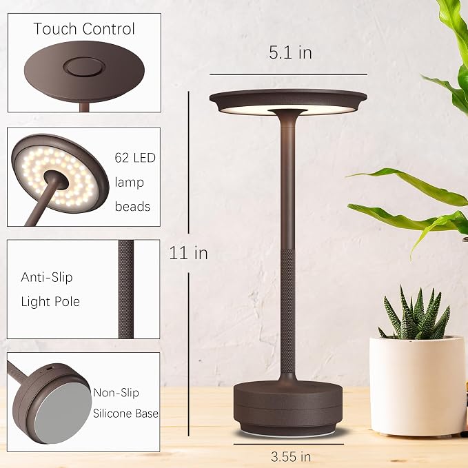 2 Pack Cordless Table Lamps Rechargeable, 5000mAh LED Table Light | Portable 3 Color Stepless Dimming Battery Powered Table Lamp with Memory Function for Restaurant/Home/Outdoor.(Rust) - Image 7