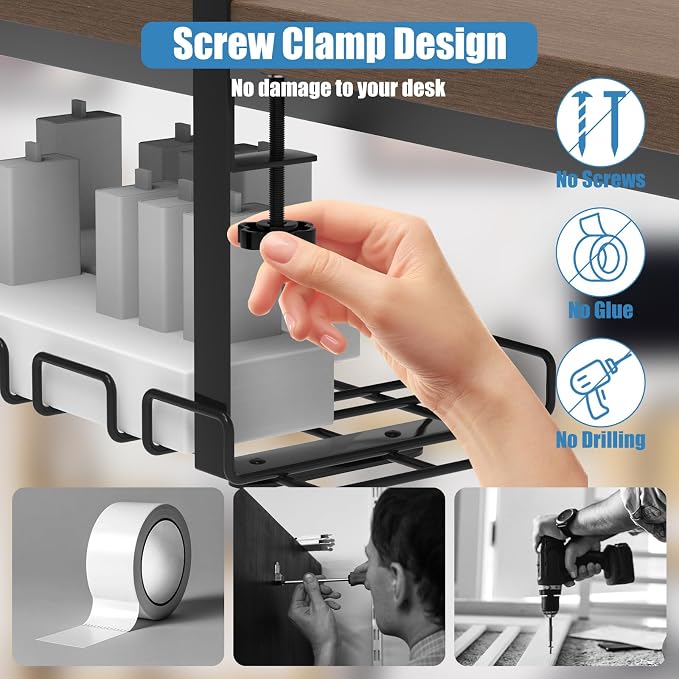 Under Desk Cable Management Tray with 52Pcs Different Essential Accessories | No Drill Steel Cord Organizer Kit for Home Office Standing Desk (15.7/13.4inch, Black) - Image 7