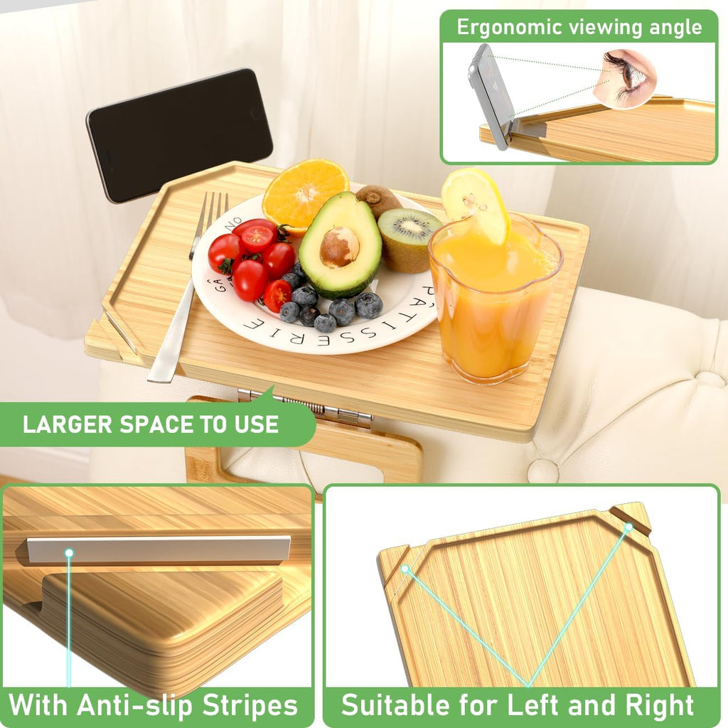 Couch Arm Tray Table Sofa Arm Clip, Armrest Tray Table Suitable for Home Drinks/Fast Food/Fruit Etc, Large Size Multi-Function Natural(Dual Phone/Tablet Holder) - Image 2