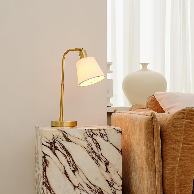 Globe Electric 61000057 16" Desk Lamp, Matte Brass Finish, White Shade, Adjustable Pivot Joint, Rotary Switch on Socket, Modern Lighting for Bedroom or Office, Indoor Lights, E26 Base - Image 3