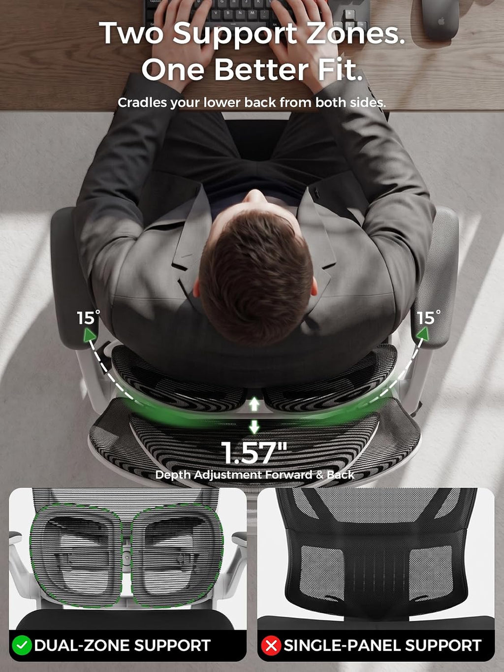 Ergonomic Office Desk Chair, Adjustable Dual Lumbar Support & Thick Seat - Image 2