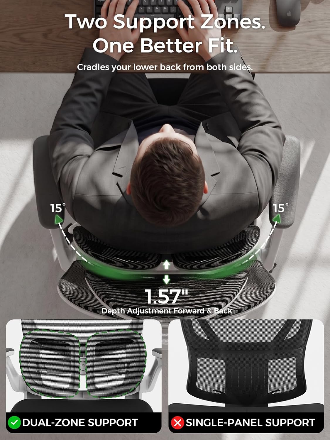 Ergonomic Office Desk Chair, Adjustable Dual Lumbar Support & Thick Seat - Image 2