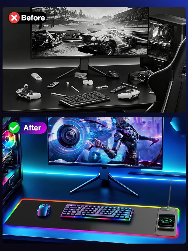 Wireless Charging Mouse Pad Gaming, 31.5"x11.8" Large Desk Mat, Waterproof | RGB Mousepad, Smooth Glide, Stitched Edge, Non-Slip Rubber Base, Desk Pad Computer Keyboard Mat, No Adapter - Image 7
