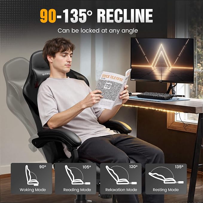 GTPLAYER Gaming Chair with Pocket Spring Cushion, Leather Office Chair with Ergonomic High Back & Lumbar Support for Back Pain Relief, Computer Game Chair for Adults, Black - Image 7