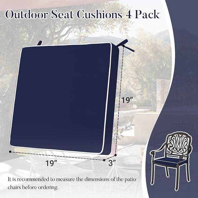 Basic Beyond Outdoor Chair Cushions for Patio Furniture, Waterproof Outdoor Seat Cushions Set of 4 19 x 19, Patio Chair Cushions Set of 4 with Ties and Handle, Navy Blue/White - Image 6