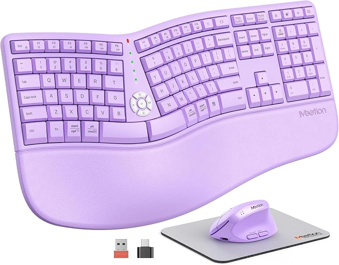 MEETION Ergonomic Keyboard Mouse Combo, Split Design Vertical Mouse, Purple | Rechargeable full-size keyboard with cushioned wrist rest, 2.4GHz USB receiver, natural typing, for Windows, Mac, PC, laptop by MEETION