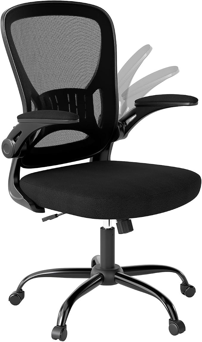 Youhauchair Adjustable Mesh Ergonomic Office Chair with Wheels, Black | Flip-up Arms, Lumbar Support, Home Desk Chair, Height Adjustable, Breathable, Mid Back Swivel Compurter Chair, Set of 1 - Image 7