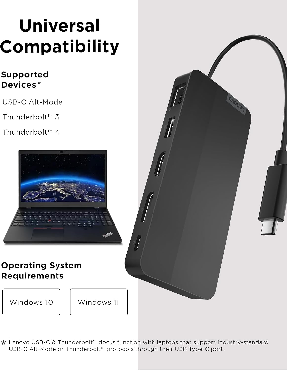 Lenovo USB-C Dual Display Travel Dock - 7 Ports, Integrated Cable, Universal Compatibility, Two displays at 4K - Black - Image 5