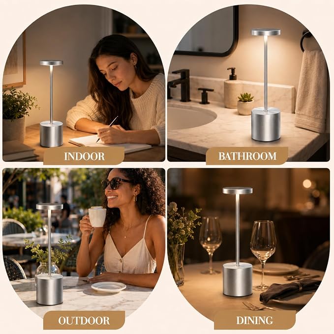 AUDLES Silver Rechargeable Table Lamps 2 Pack, Cordless Battery Operated LED Desk Lamp with Touch Control, 3 Color Temperatures, Dimmable Portable Lamps for Bedroom, Dining Room, Patio, Restaurant - Image 8