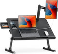 SAIJI Laptop Bed Table for Dual Screens, Lap Desk with Monitor Stand | Height/Angle Adjustable, Foldable & Portable, Soft Leather Surface, Spacious Legroom, with Drawer & Tablet Slot, X-Large by SAIJI