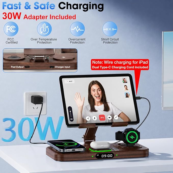 6 in 1 Wireless Charger for Apple Multiple Devices, Charging Station with Clock &7 Color Ambient Light, Foldable Rotate Stand for iPad, for iPhone17/16/15, Support for Apple Watch11/10 For AirPods4 - Image 4