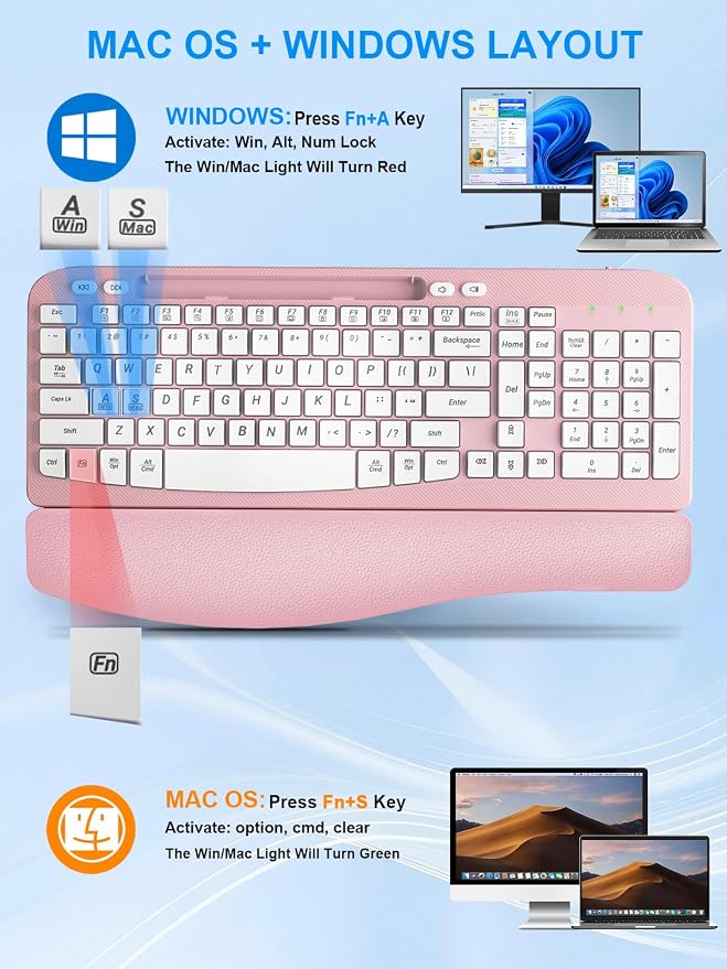 Hayyiesh Ergonomic Wave Keys Wireless Keyboard and Mouse Combo, Full Size with Memory Foam Wrist Rest & Phone Holder, 2.4G Cordless Set with USB-C Adapter for Windows Mac Desktop Laptop (Pink) - Image 8