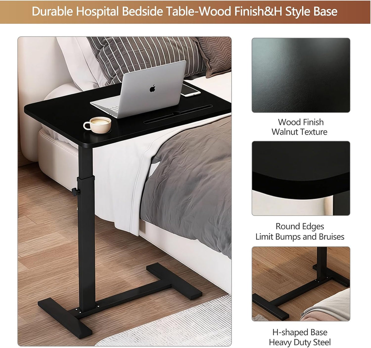 Over the Bed Table with Hidden Wheels,Height Adjustable Bedside Table Tray - Image 7