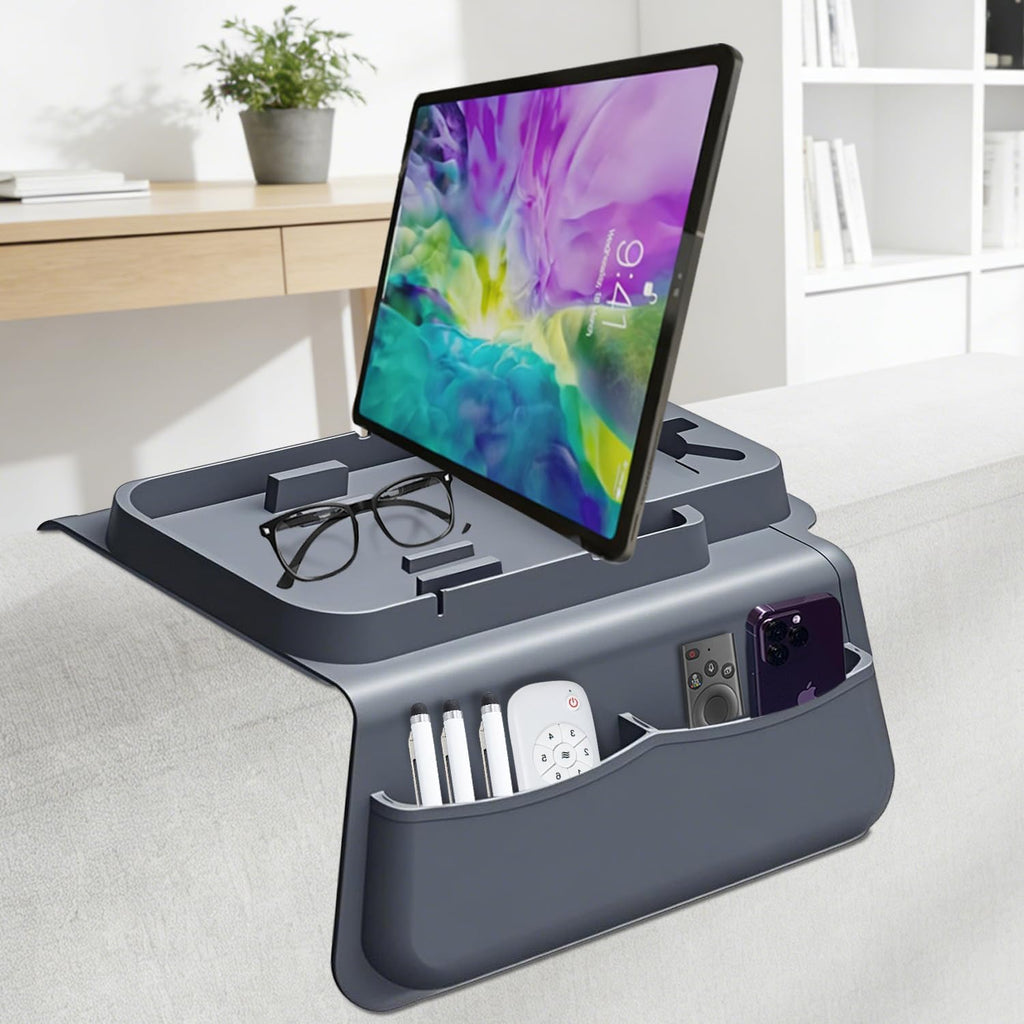 Silicone Couch Cup Holder Tray with Tablet & Phone Stand, Anti-Slip Sofa Arm Organizer with Dual Side Pockets for Remotes, Snacks, Headphones, Glasses, Drinks (Gray) - Image 2