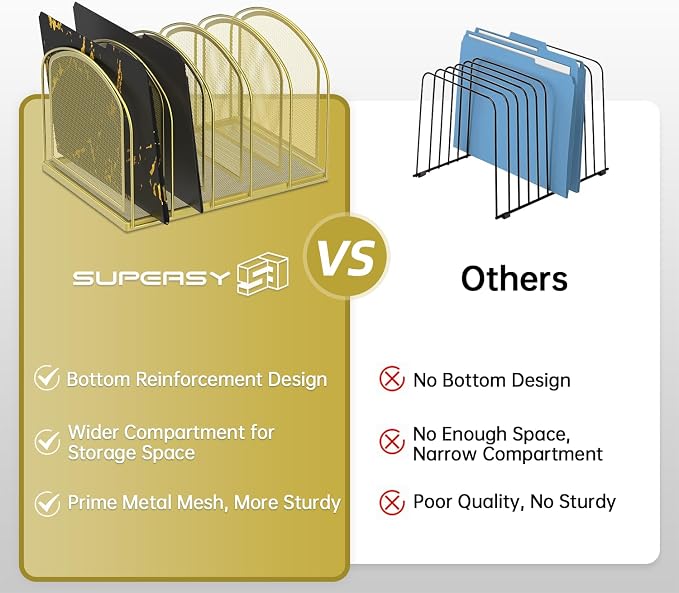 5-Section File Organizer for Desk, Metal File Folder Holder, Gold | 5 Vertical Compartments with Sturdy Metal Base for Office Documents Books Magazines and Laptop - Image 3