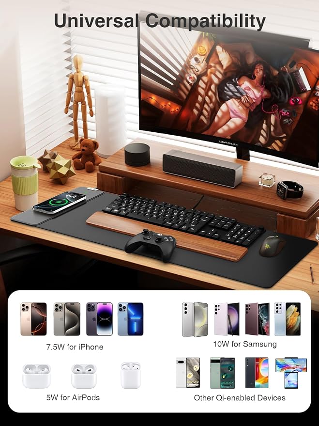 Magnetic Wireless Charging Mouse Pad, 31.5"x11.8" Large Desk Mat | Waterproof Mousepad, Smooth Glide, Stitched Edge, Non-Slip Rubber Base, Desk Pad Computer Keyboard Mat, No Adapter - Image 4
