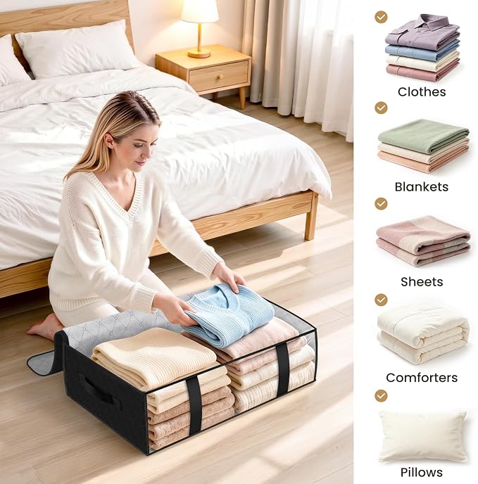 StorageRight Under Bed Storage Bags, 8 Pack, 40L, Black | Breathable Non-Woven Fabric with a Clear Window and Zippered Top for Clothes, Comforters, Blankets and Seasonal Storage - Image 7