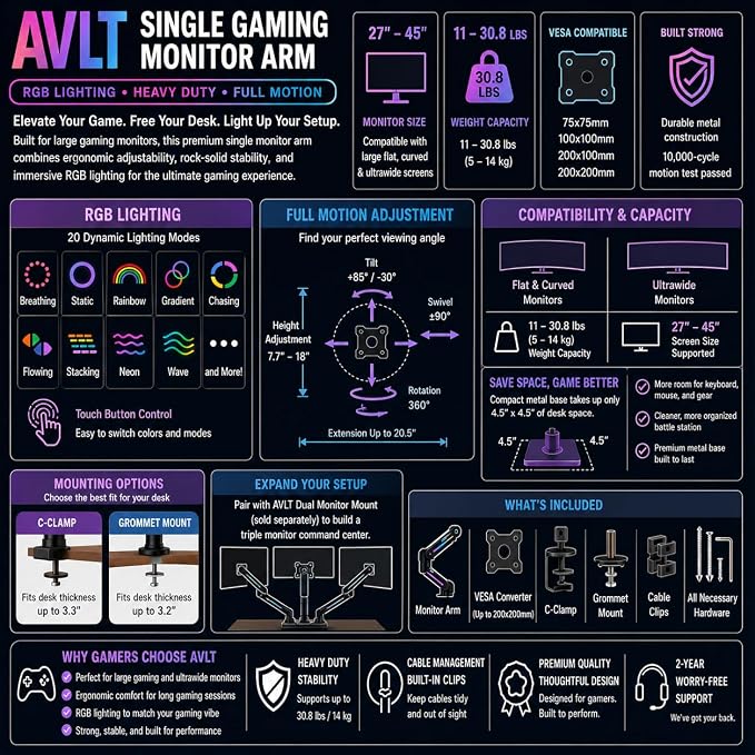 AVLT Single 27”-45” RGB Gaming Monitor Arm Desk Mount -Black | Built-in 20 Lighting Modes Touch Button Control Fits Flat/Curved/Ultrawide Screen Height Swivel Tilt Rotation Adjustable - Image 8