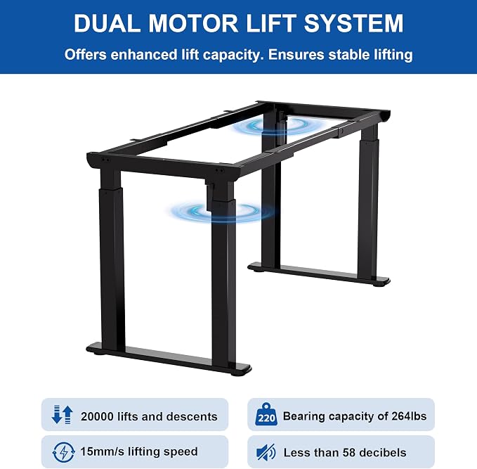 4-Leg Electric Standing Desk Frame, Dual Motor, 264 lbs Capacity | Heavy-duty 4-leg standing desk frame supports 264 lbs, providing superior stability for multi-monitor setups and gaming PCs. - Image 7