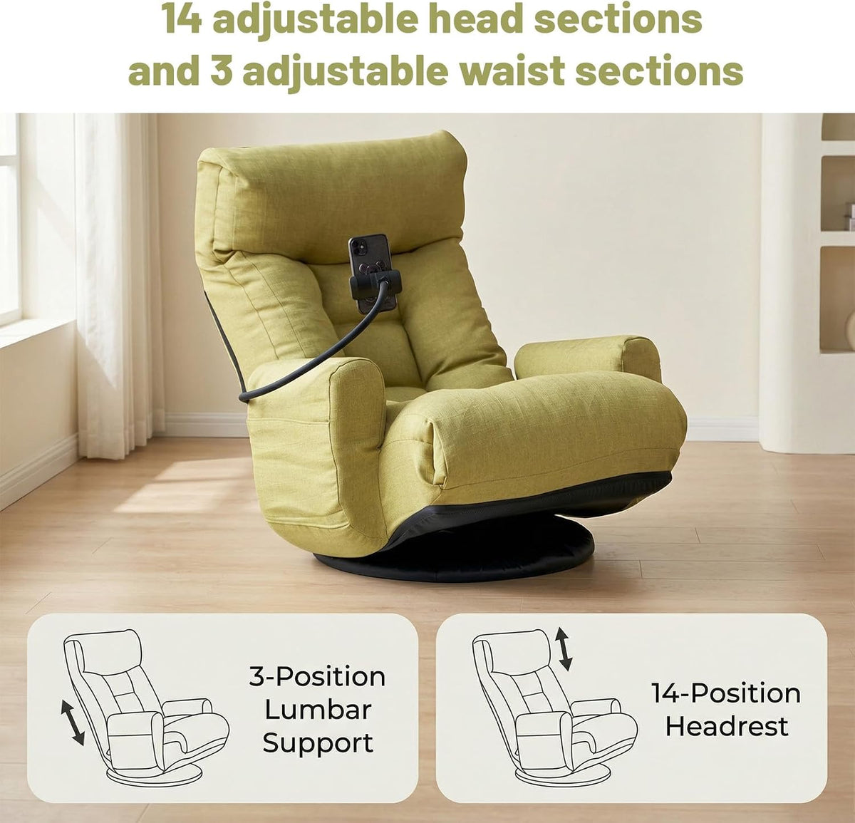 360° Swivel Floor Gaming Chair Linen Folding Chaise Lounge Chair Adjustable Comfy Sofa Chair with Armrests, Phone Holder & Padded Cushion, Ideal for Living Room, Bedroom (Green) - Image 8