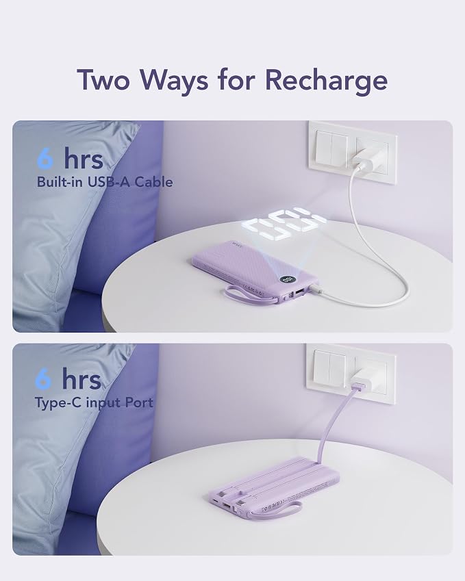 VRURC Portable Charger Built in 4 Cables, 10000mAh Power Bank | Battery Pack Travel Essentials, 5 Outputs 2 Inputs Slim Phone Charging Bank Lavender(1 Pack) - Image 7