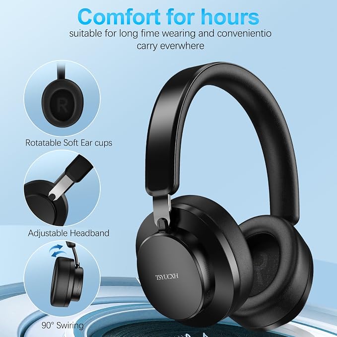 Over Ear Headphones Wireless Bluetooth, Noise Cancelling Headphones Bluetooth with Microphone, Cancelling Wireless Headphone Over Ear, 65h Playtime, Clear Calls, Comfort Fit For Travel (Black) - Image 6