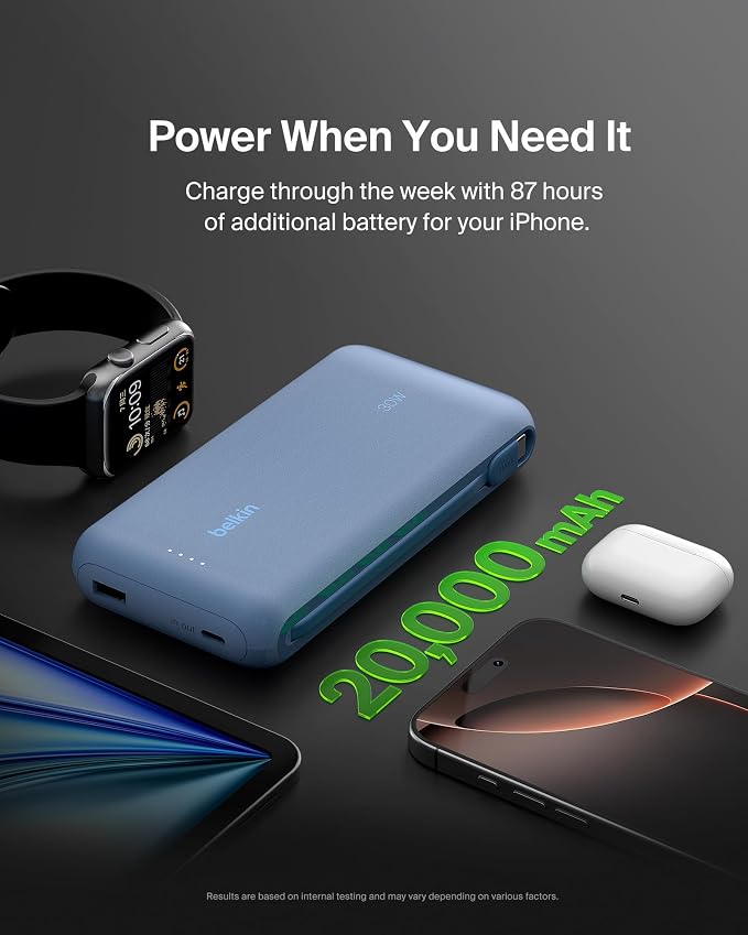 Belkin 20000mAh 30W USB C Power Bank, Portable Charger for iPhone & iPad | Fast Charging, Integrated USB C Cable, Eatra USB C Port, iPhone 17, iPad, Samsung Galaxy S26, Charge 2 Devices - Image 7