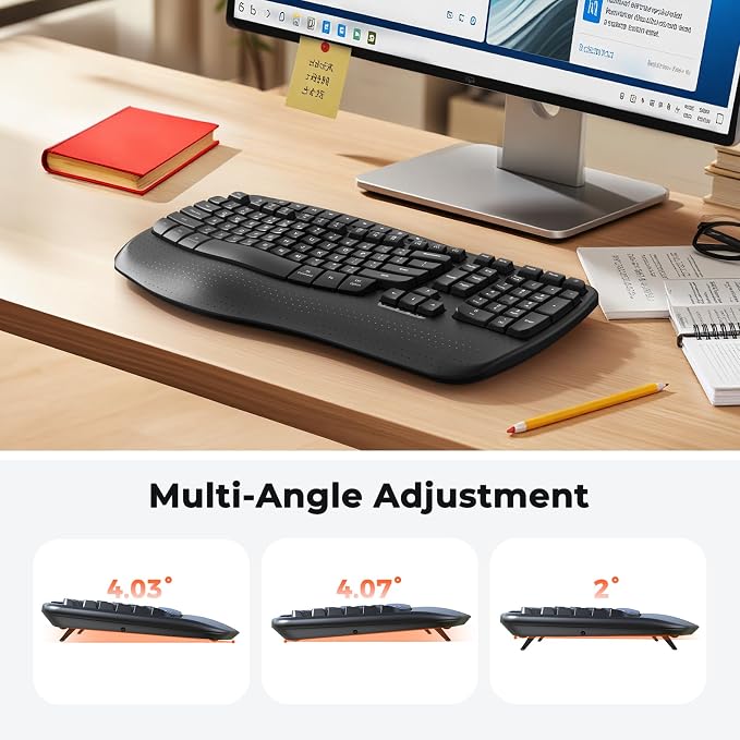MEETION Wireless Ergonomic Keyboard with Wave Keys and Wrist Rest - Black | Firm wrist rest, 2.4G USB-A receiver, USB-C adapter included, full-size layout, compatible with Windows, Mac, PC, laptop - Image 4