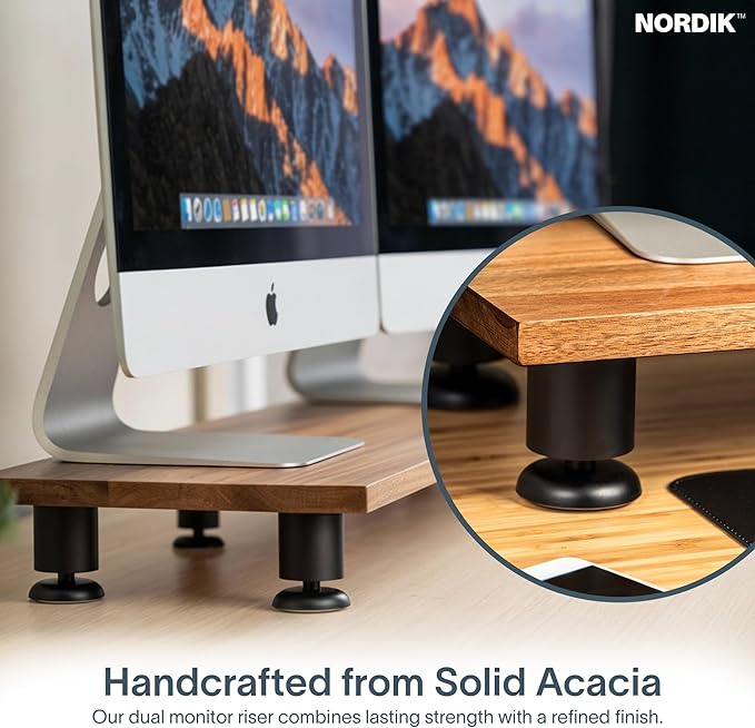 Nordik Dual Monitor Stand Riser -Hardwood Acacia Monitor Shelf (42x10.5 in) | Premium Handmade Acacia Wood Monitor Stand - Easy to Assemble Monitor Riser - Double Monitor Riser with Storage Organizer - Image 2