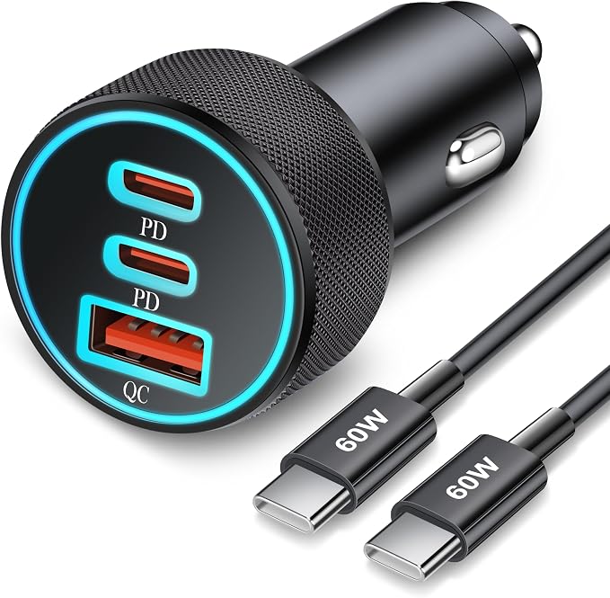 67W 3-Port Super Fast Type C Car Charger USB C for Samsung S26 S25 S24 S23 | iPhone 17/16/15 Pro Max, Android, Cigarette Lighter USB Charger Car Phone Adapter Accessories for Men Women + 3FT USB-C Cable by KENHAO