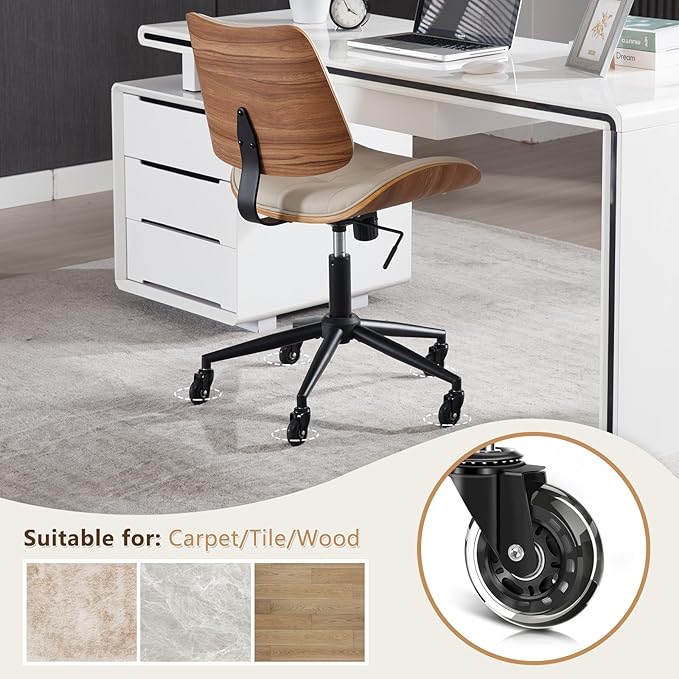 Home Office Desk Chair with Rubber Wheels, Armless Bentwood, Beige | Adjustable Height Armless Office Chair, PU Leather Mid Back 360°Small Computer Chair, No Arms Walnut Seating, 300LBS Support - Image 3
