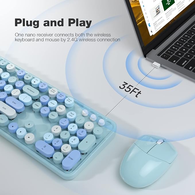 MOFII Wireless Keyboard and Mouse Combo, Blue Colorful Round Key Typewriter Keyboards, 2.4GHz Full Size Keyboard Computer Mice, USB Receiver Plug and Play, for Laptop, PC, Chromebook, Smart TV - Image 2
